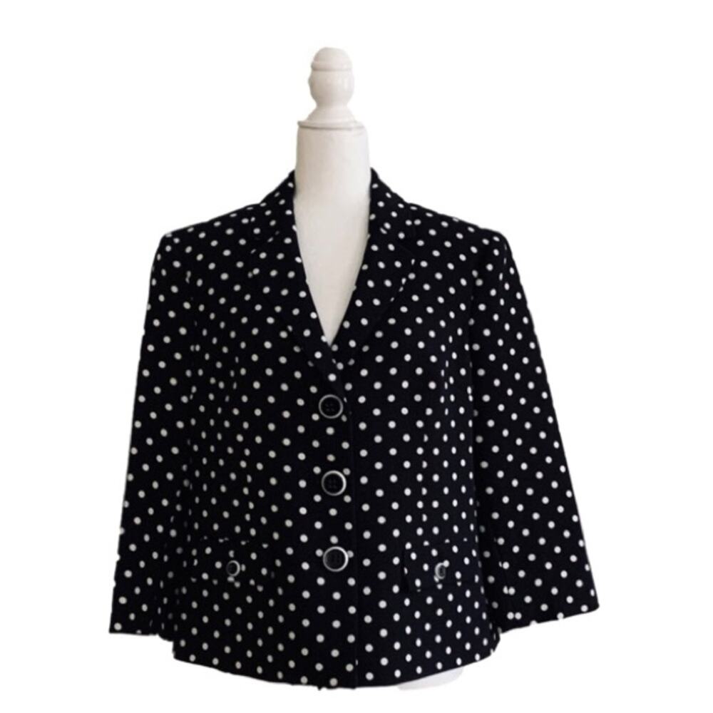 Kasper Blazer Jacket Black White Polka Dot 3/4 Sleeve Button Front Size 10